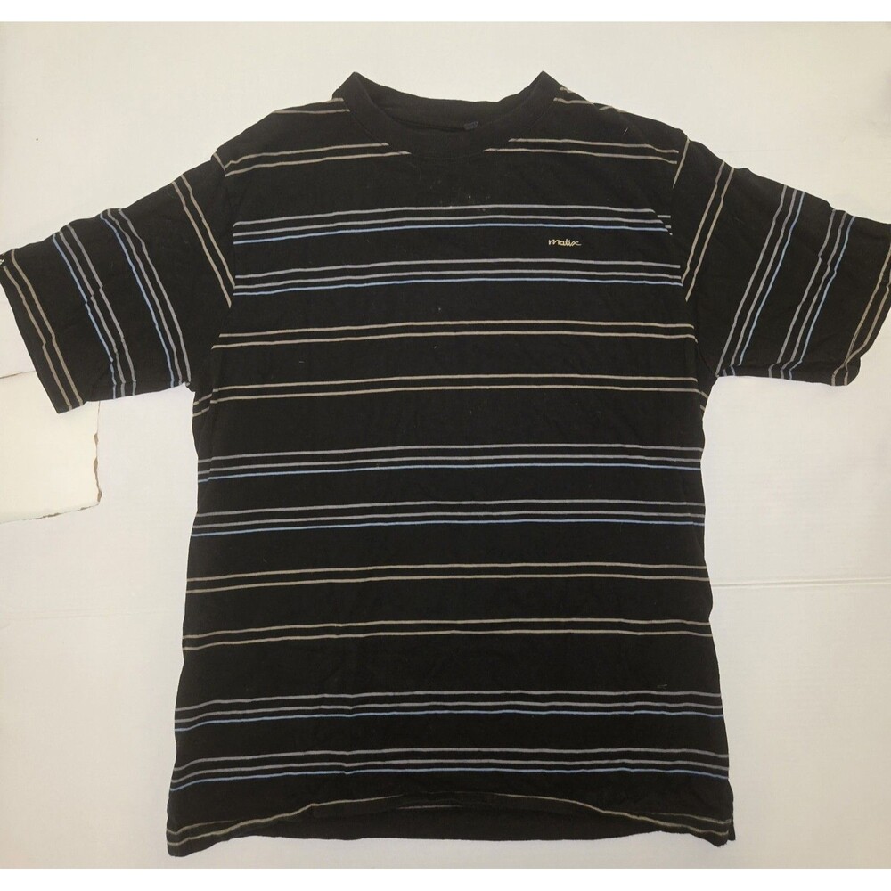 Matix Men's Black/Blue/Gray Striped Logo T-Shirt Crew Neck Short Sleeve L